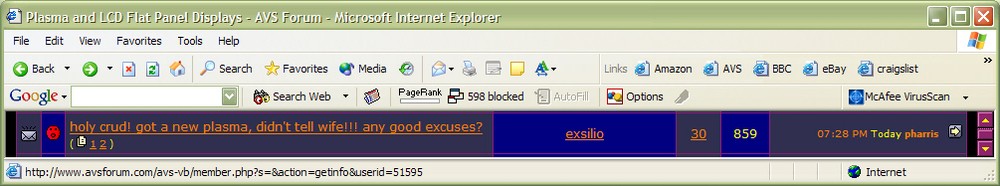Vintage AVS Forum browser screenshot from 2003 showing a thread titled &ldquo;holy crud! got a new plasma, didn&rsquo;t tell wife!!! any good excuses?&rdquo; posted by the user exsilio.